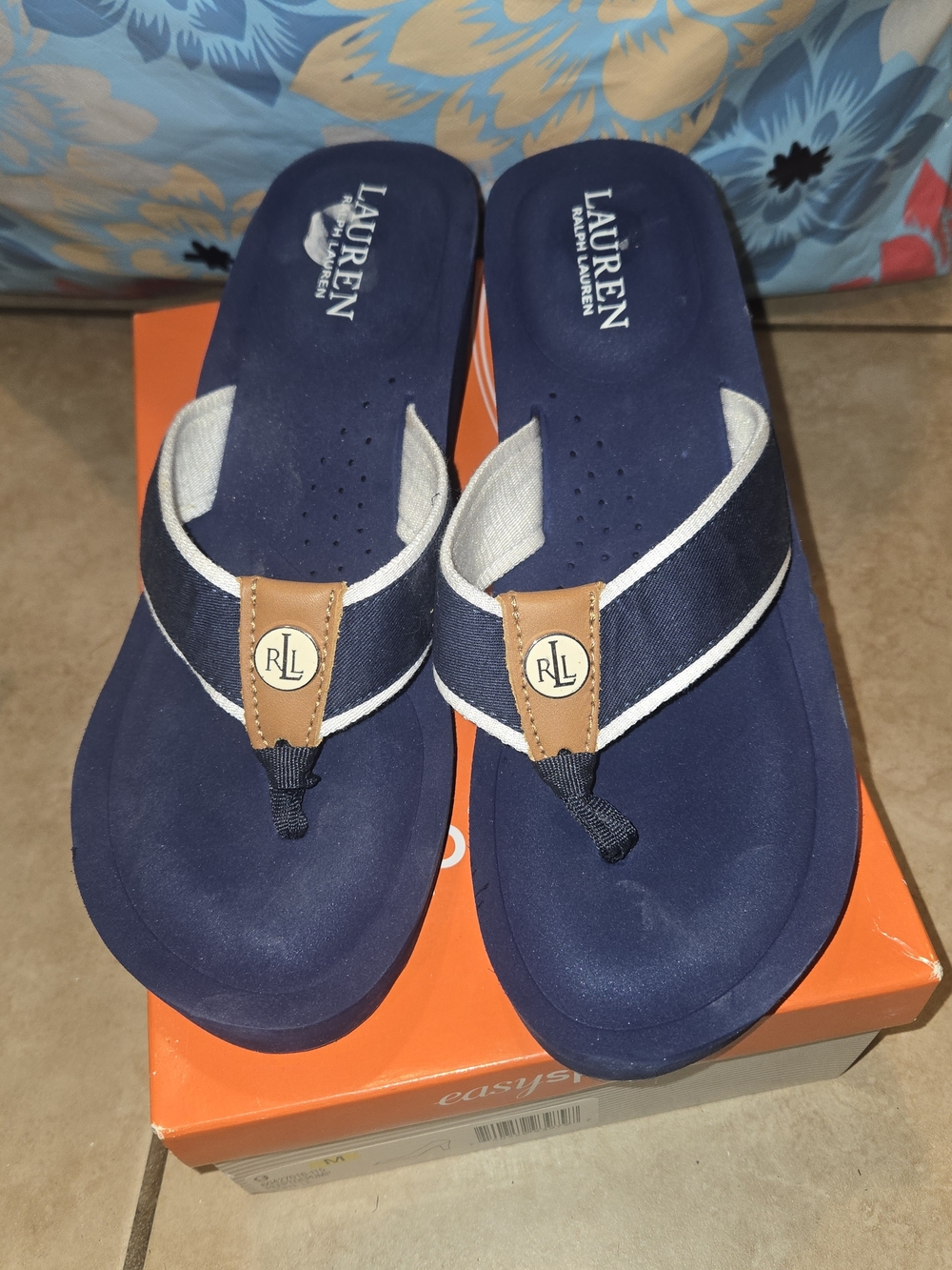 LAUREN Ralph Lauren Navy Blue Wedge Thong Sandals with Tan Accent